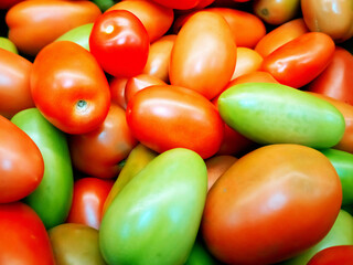 Green and red appetizing tomatoes,top view