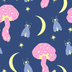 Vector seamless pattern with mushrooms, moths, moons and stars on blue background