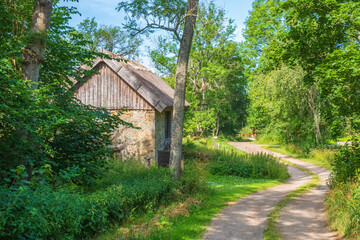 Fototapeta na wymiar Old mill on a winding dirt road in a deciduous forest