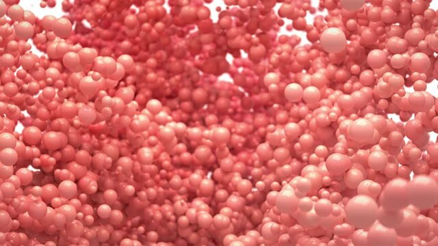 Bubble Burst - colored foaming balls balloons explosion. Pink color foam spheres in slow motion macro isolated on white. Alpha channel 60 fps 4k