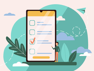 Illustration of an online survey in flat style. Checklist concept in a mobile phone and a male character pointing to a selection mark. For the design of sites, applications. Time management poster.