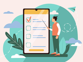 Illustration of an online survey in flat style. Checklist concept in a mobile phone and a male character pointing to a selection mark. For the design of sites, applications. Time management poster.