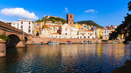 View of Bosa, Sardinia, Italy, church, dome and river