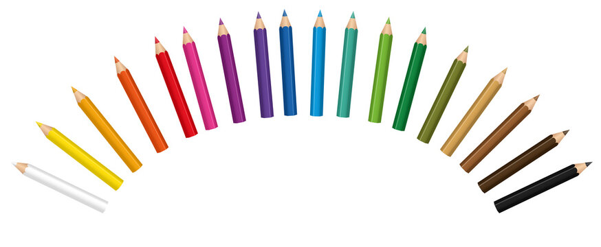 Crayons forming a radial curve. Small colored baby pencil collection. Isolated vector illustration on white background.
