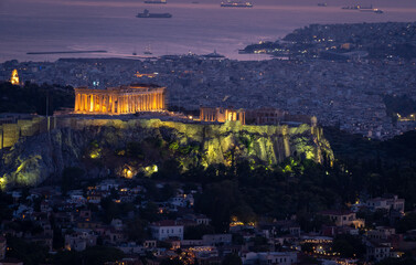 The Acropolis hill at dusk in Athens, Greece