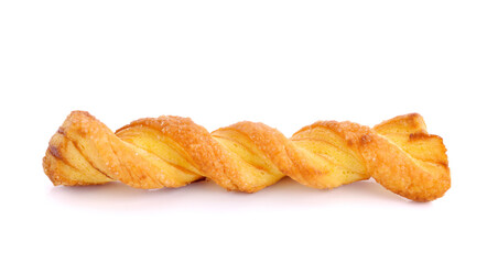 Spiral bread sticks with cheese on white background