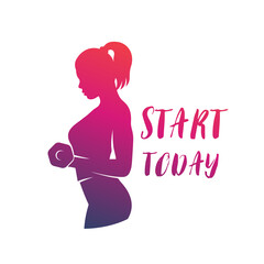 Fitness girl lifting dumbbell, biceps training, vector logo element for gym