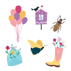 Cute set of design elements. Envelope with flowers, birdhouse and rubber boot, bug and butterfly