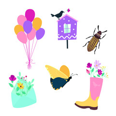 Vector cute set of design elements. Envelope with flowers, birdhouse and rubber boot, bug and butterfly