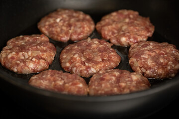 Meat patties are cooked in vegetable oil in a pan. Hot food. Natural nutrition.