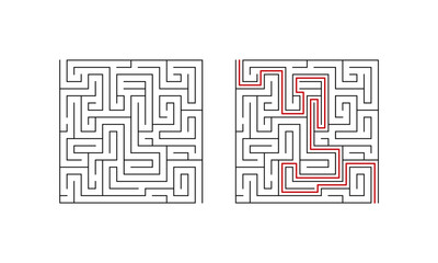 Labyrinth maze game for children. Geometric puzzle with solution. Vector illustration.