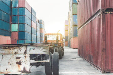 Folklift for loading containers at logistics warehouse