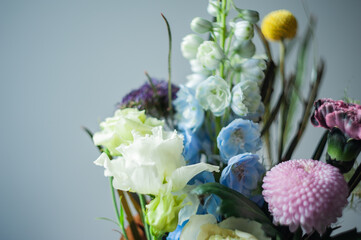 Bouquet of flowers. Stylish bouquet. Macro photos of different colors. Selective focus. Artistic style.