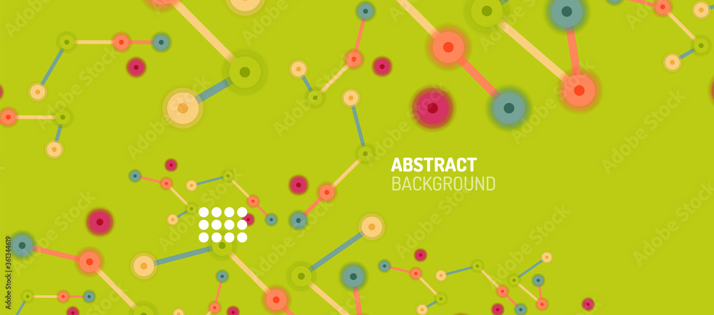 Poster flat style geometric abstract background, round dots or circle connections on color background. tech