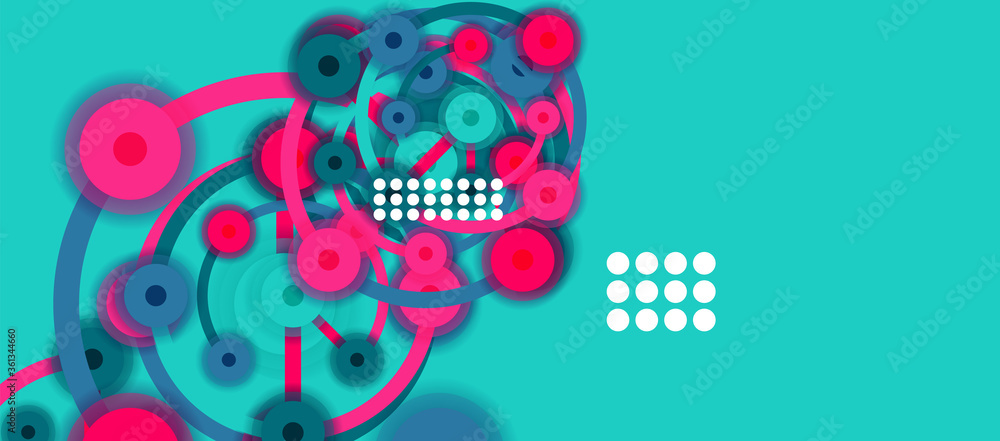 Poster flat style geometric abstract background, round dots or circle connections on color background. tech