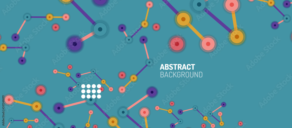 Poster flat style geometric abstract background, round dots or circle connections on color background. tech