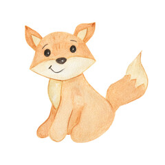 Cute cartoon watercolor forest animal. Hand painted lovely baby fox illustration perfect for print and card making. Woodland wild orange fox