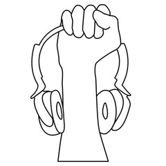 Linear illustration hand with headphones. Earphones in fist. 
