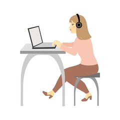 a girl sitting at the computer with headphones. spending time on the Internet. isolated color drawing by hand in a flat style.
