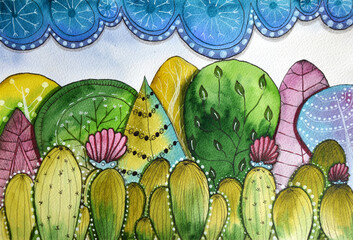 Watercolor painted landscape of cacti forest and sky