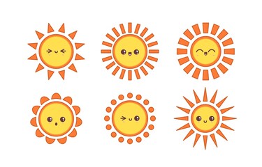 Kawaii Sun with Face. Various emotions. Minimalistic outline bright Icons. Different interpretation of Sun rays. Colored Vector set. Japanese cartoon manga style. Every Sun is isolated