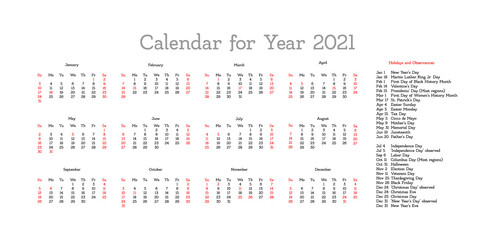 Vector calendar for 2021 year.