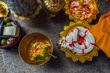 View of Khmer wedding, this is a traditional wedding follow Khmer culture,people in the traditional clothing participating in a wedding ceremony