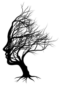 Optical illusion bare tree face woman silhouette concept