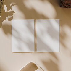 Blank paper sheet cards with mockup copy space in flowers sunlight shadows on beige background....