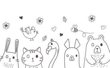 cute animals sketch wildlife cartoon adorable bird bee bear alpaca rabbit cat flamingo and flowers