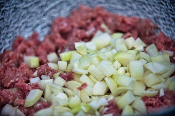 Minced meat with onions in the fire bowl