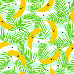 Fototapeta premium Seamless pattern with kawaii bananas and palm leaves. Vector illustration.