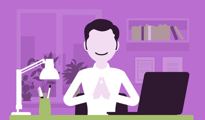Office worker meditating to concentrate, yogi man practicing yoga at workplace, doing Namaste hand gesture, Mudra pose, relaxation before or after hard work day. Vector creative stylized illustration