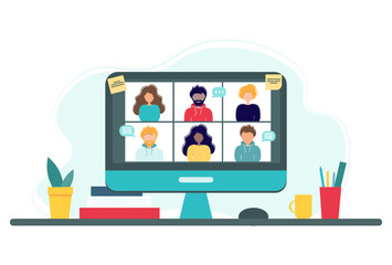 Online meeting via group call. Home office concept with computer, books and cup. Group of people doing video conference. Vector illustration in flat style. Stay at home. Self-isolation