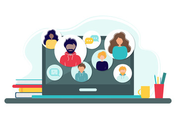 Online meeting via group call. Home office concept with computer, books and cup. Group of people doing video conference. Vector illustration in flat style. Stay at home. Self-isolation