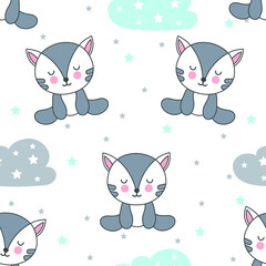 Seamless pattern with kittens, clouds and stars. Children cartoon background. Cute flat cats.