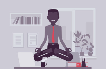 Office worker meditating for relaxation, yogi man practicing yoga at workplace, doing Padmasana pose, Lotus exercise, restorative yogic practice and levitation. Vector creative stylized illustration