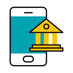 smartphone and academic building icon, half line half color style