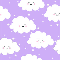Seamless pattern with pretty smiling clouds on a purple background with stars. Vector illustration.