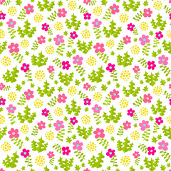 Floral vector background. Seamless pattern with flowers, leaves, grass and dots.