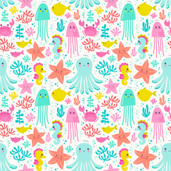 Seamless pattern with octopus, seahorse, crab, jellyfish, starfish, corals and fish. Vector illustration with cute sea life.