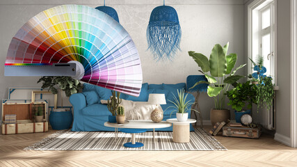 Color palette samples over old style living room in blue tones, sofa, carpet, and rattan lamps,...