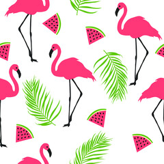 Summer pattern. Flamingo,palm leaves, watermelon . Vector illustration.