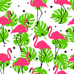 Obraz premium Summer pattern. Flamingo,palm leaves, stars . Vector illustration.