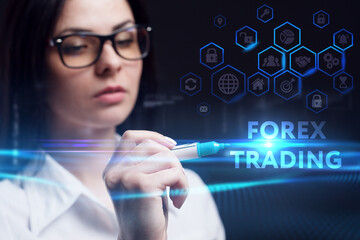 Business, Technology, Internet and network concept. Young businessman working on a virtual screen of the future and sees the inscription: Forex trading