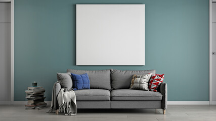 Mock up frame in living room interior background, green room with minimal sofa furniture, and poster frame, 3d render
