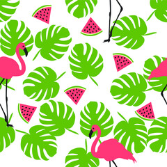 Summer pattern. Flamingo,palm leaves,watermelons . Vector illustration.