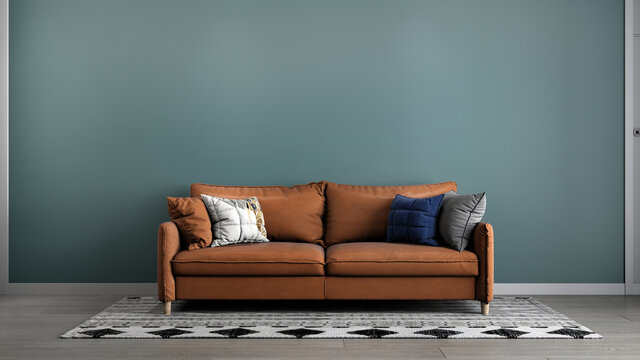 Mock up living room interior background, green room with brown sofa furniture,  3d render