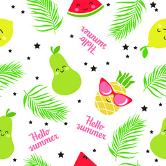 Seamless pattern with kawai fruits. Cartoon Lemon, Pineapple, Pear, Watermelon on a White Background.Vector Illustration.