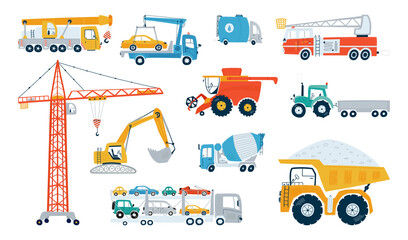 Set working building machine isolated on a white background. Icons kids cars for design of children's rooms, clothing, textiles. Vector illustration - 361351280